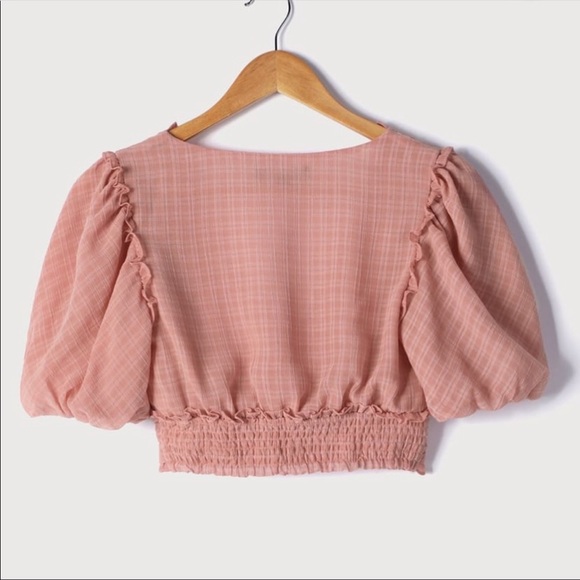 Lulu’s Undeniably Sweet Mauve Gingham Ruffled Puff Sleeve Crop Top - Picture 5 of 8